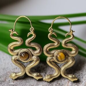 Gold Plated Boho Chic Coiled Snake Tigers Eye Cabochon Earrings